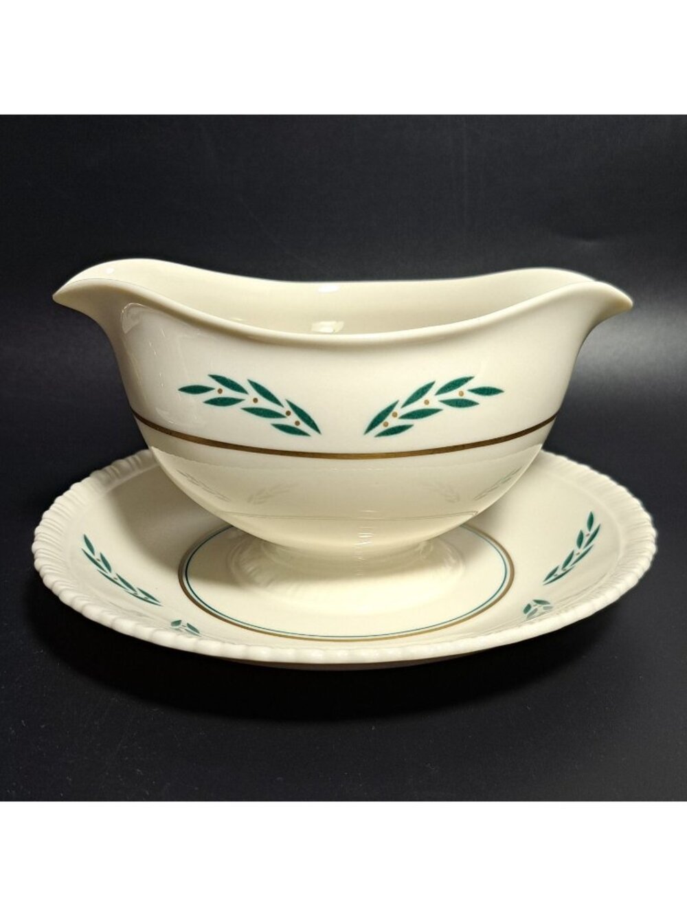 Hanover China Coronation Gravy Sauce Boat Attached Underplate Gold Accents